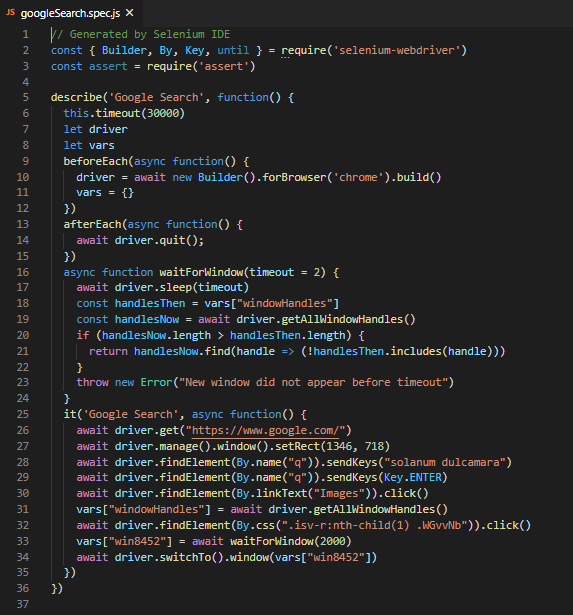 How to export a TC with Selenium IDE, showing the exported <a class="foswikiNewLink" href="/bin/edit/Automation/JavaScript?topicparent=Automation.ManualToAutomated" rel="nofollow" title="Create this topic">JavaScript</a> test case